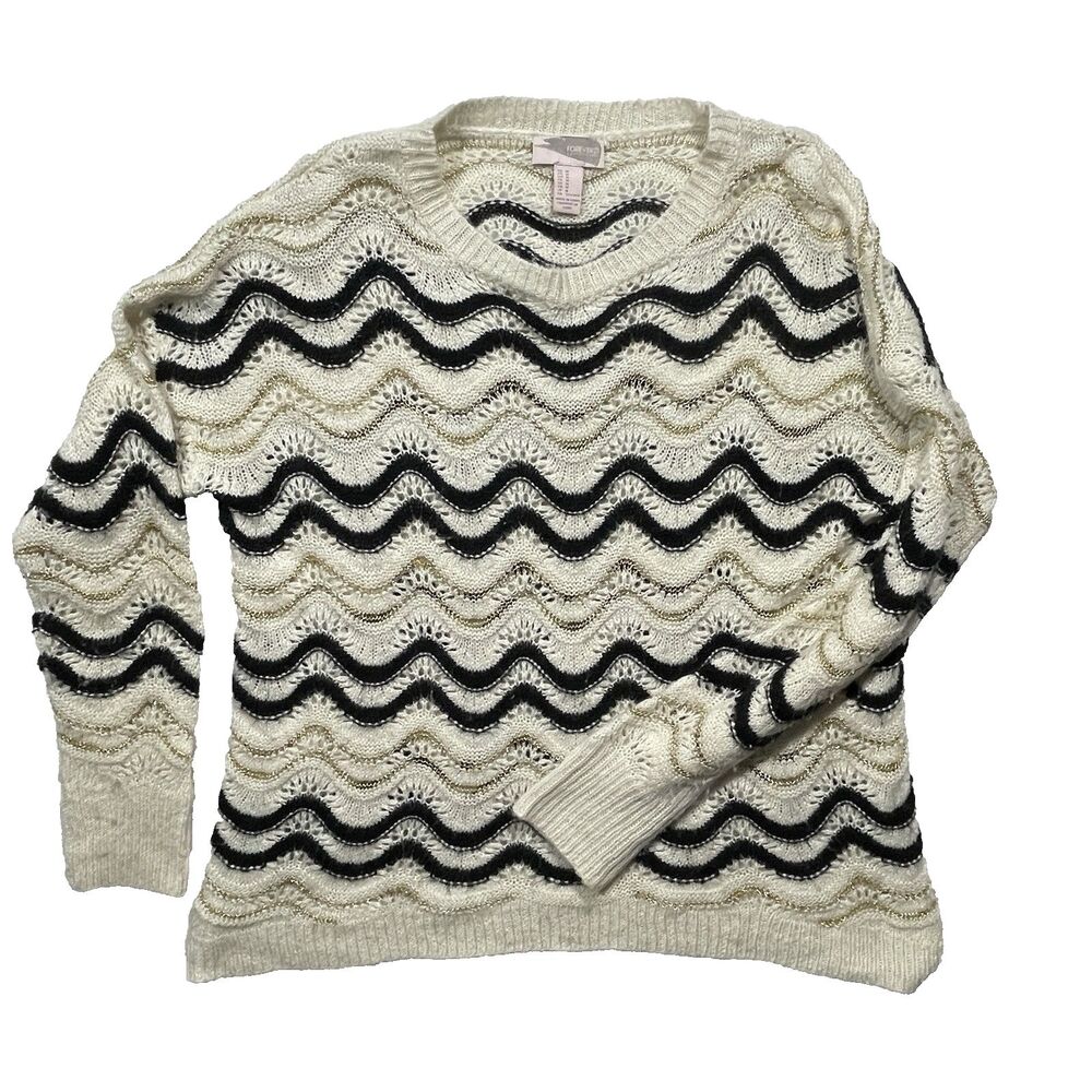 Forever 21 Zig-Zag Metallic Gold Beige Thread Pullover Sweater Women's Size M